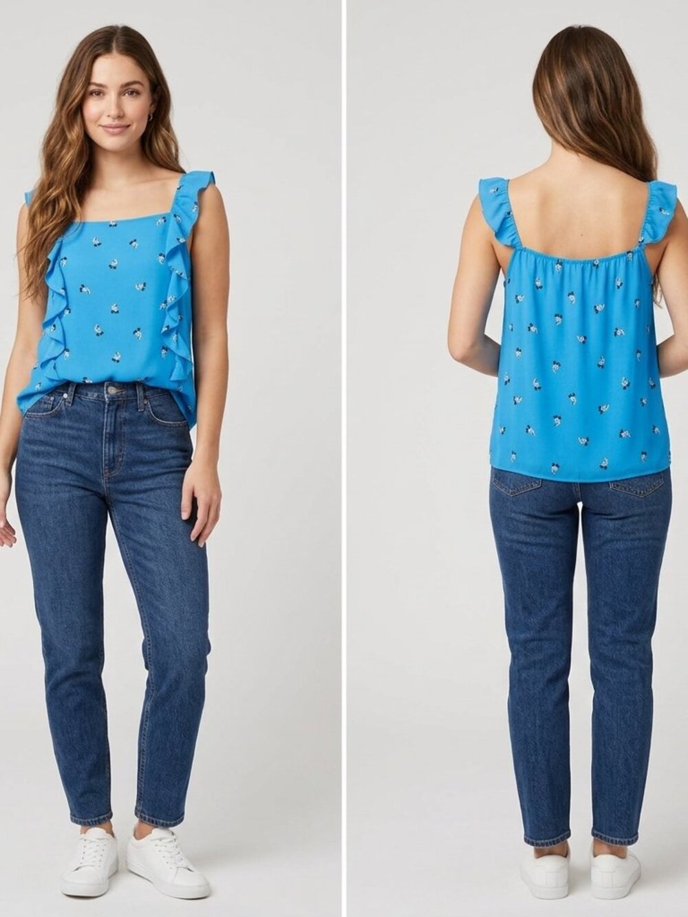 LOFT Outlet Blue Floral Ruffle Tank Top Women's Large Sleeveless Square Neck L